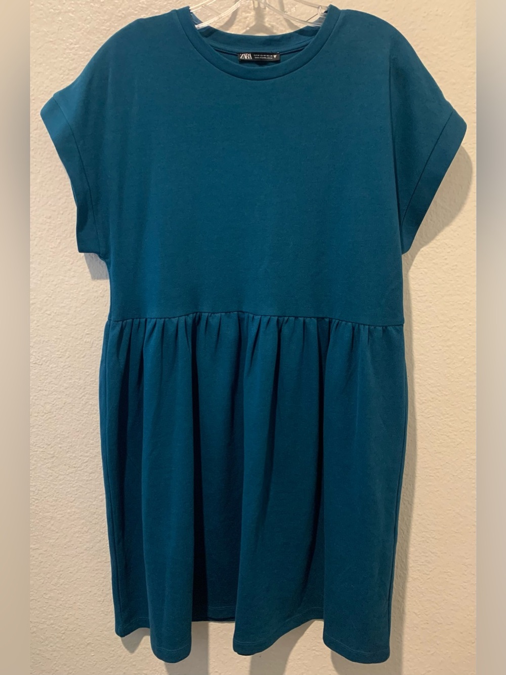 Zara Women’s Teal Short-Sleeve Gathered Waist Dress